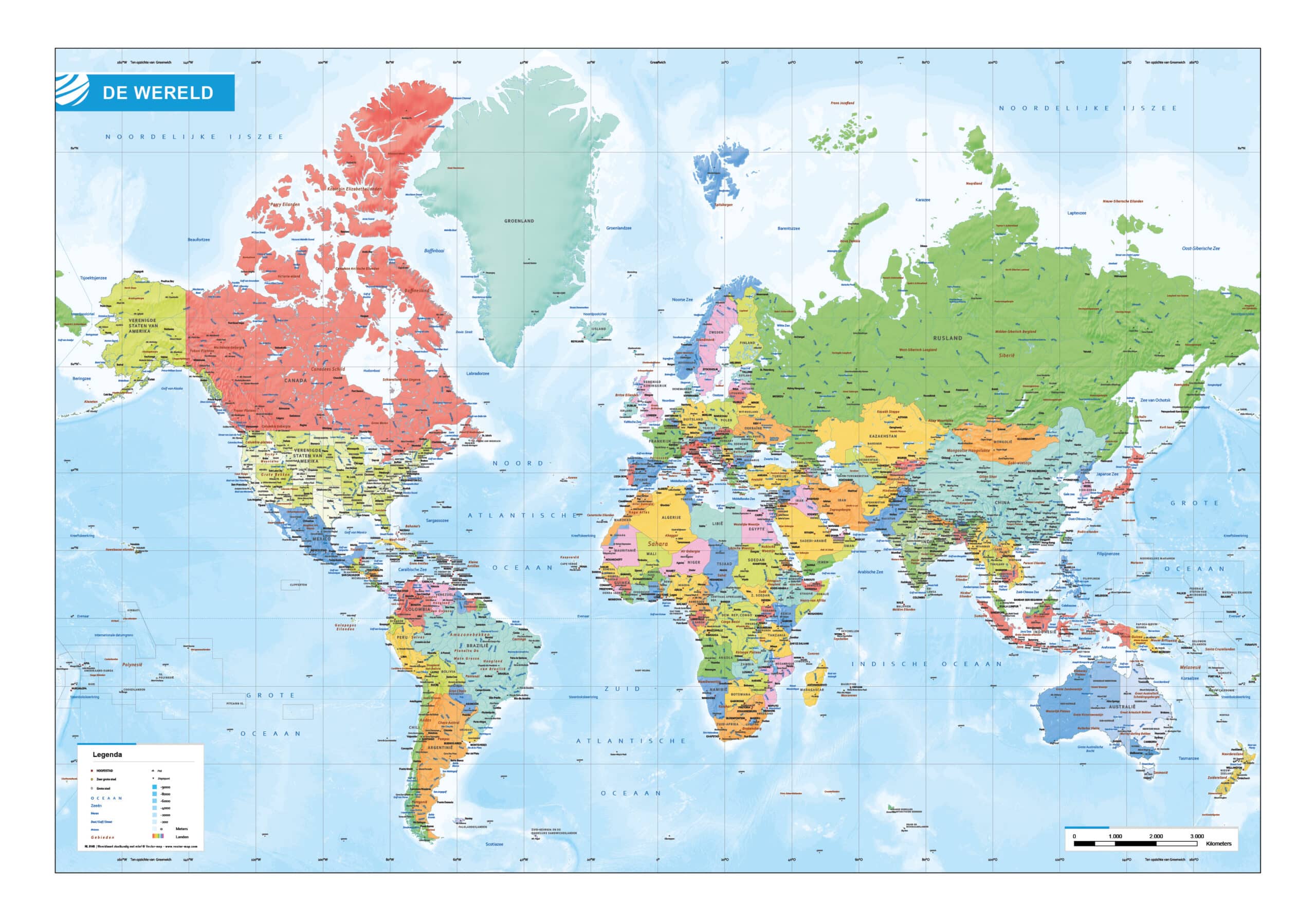 Wereldkaart staatkundig met relief | Vector-Map de online kaarten shop!