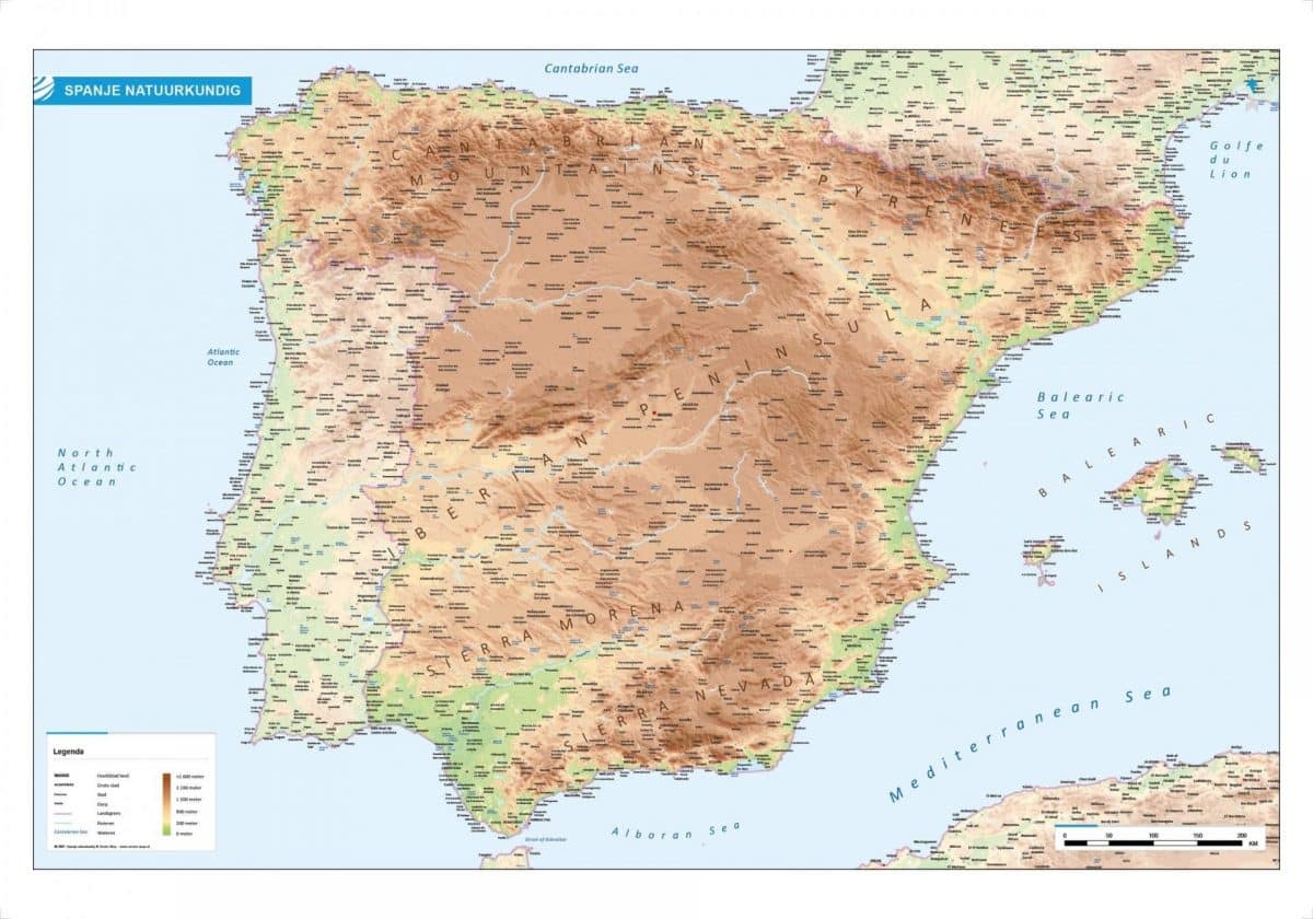 Landkaart Spanje Natuurkundig - Vector-Map De Online Kaarten Shop!