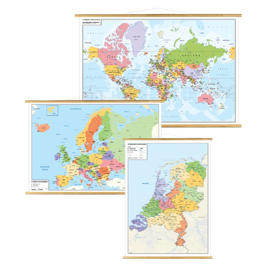 3 schoolkaarten Wereld, Europa, Nederland
