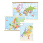 3 schoolkaarten Wereld, Europa, Nederland