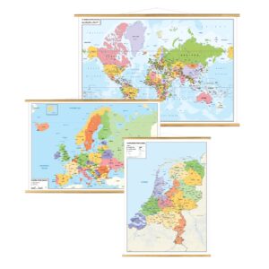 3 schoolkaarten Wereld, Europa, Nederland